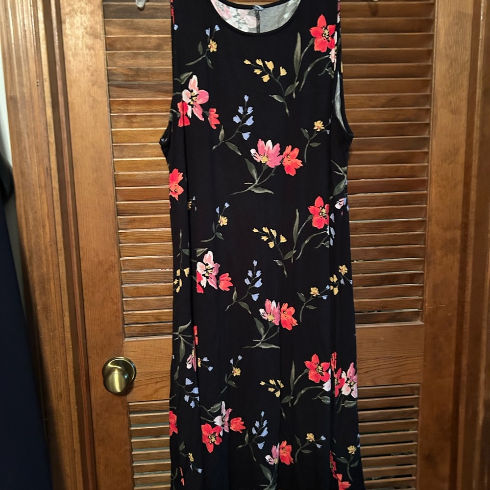 Floral Sleeveless Dress - Black with Red and Pink Flowers
